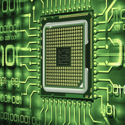 Stylized microchip on a green circuitboard