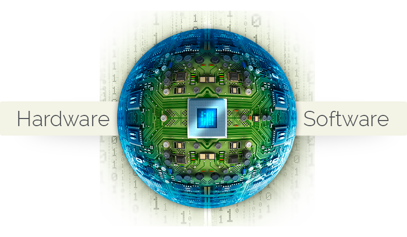 Stylized, spherical circuitboard image with the words Hardware and Software on each side